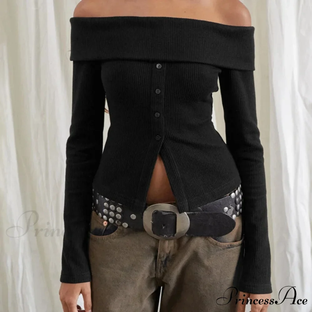 Rib Knitted Informal Extended Sleeve Off-Shoulder Trim Fit Shirt Women - Image 6