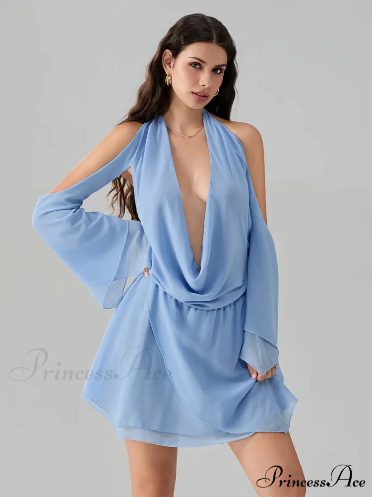 Rope Fasten-Up Draped Neck Short Dress - Image 5