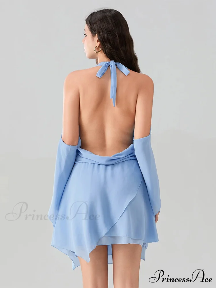 Rope Fasten-Up Draped Neck Short Dress - Image 6