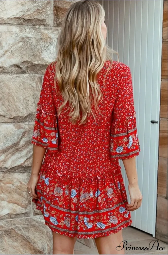 Rope Neck Frills Botanical Pattern Rayon Summer Mini Getaway Boho Dress - Image 2