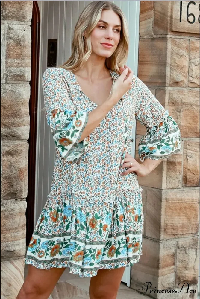 Rope Neck Frills Botanical Pattern Rayon Summer Mini Getaway Boho Dress - Image 3