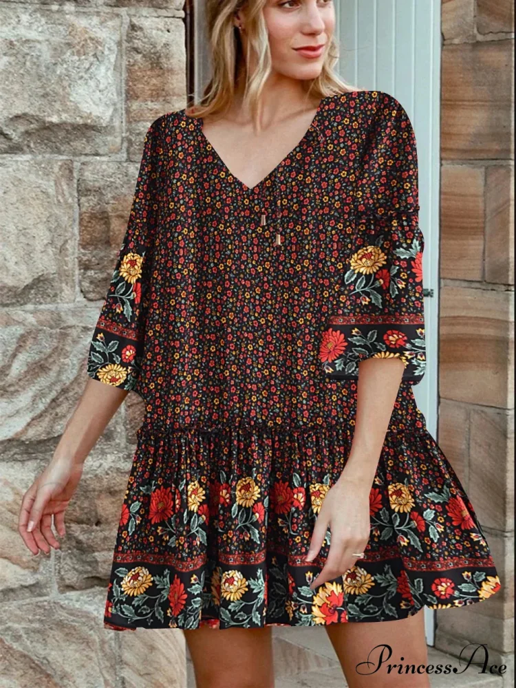 Rope Neck Frills Botanical Pattern Rayon Summer Mini Getaway Boho Dress - Image 4
