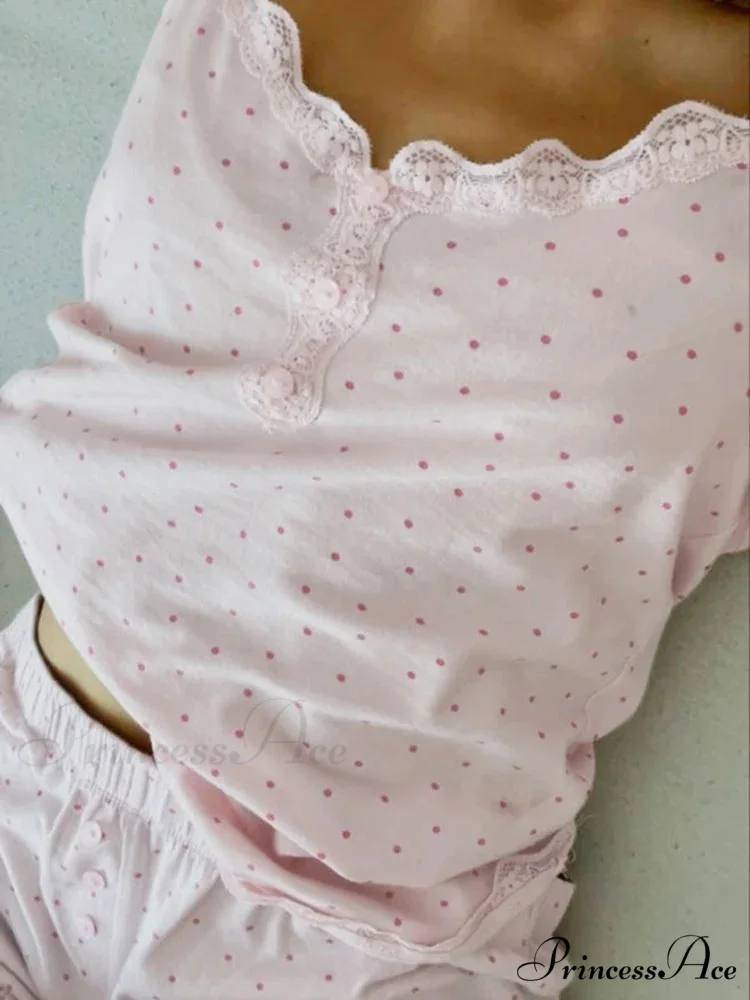 Rose-colored Pajamas Dotted Lace Trim Button Feature Camisole Micro Shorts Two Pieces Set - Image 2