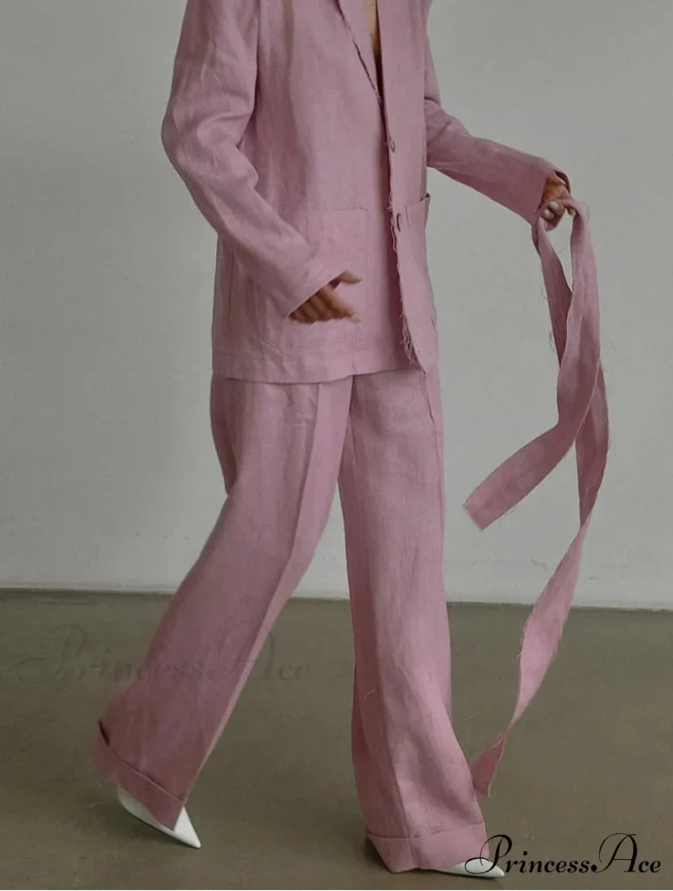 Rose Cotton Lace-Up Broad Trousers Office Two Piece Set - Image 2