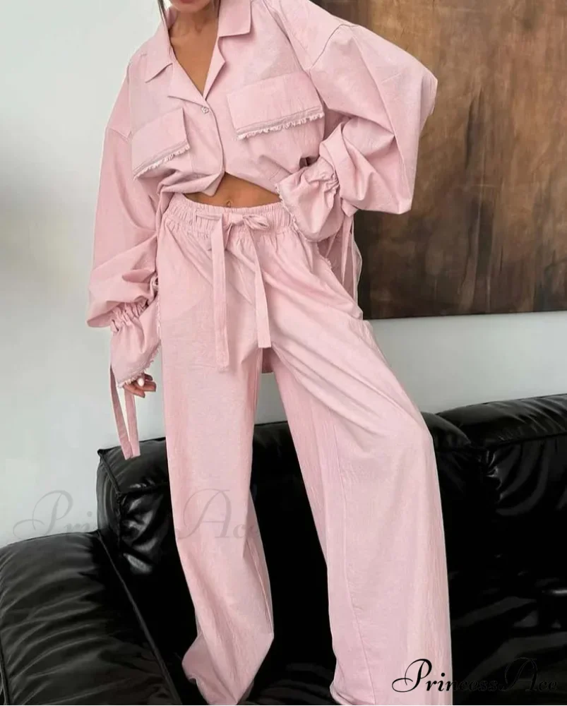 Rose Cotton Lace-Up Drawstring Trousers Workplace Two Piece Set - Image 2