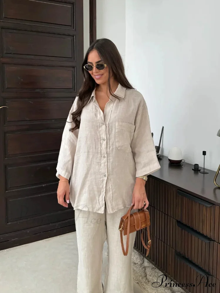Rose Cotton Linen Baggy Broad Office Two Piece Set - Image 5