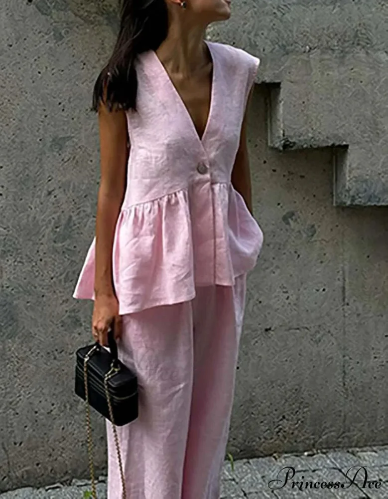 Rose Cotton Profound Plunge-Neck Trousers Office Two Piece Set - Image 2
