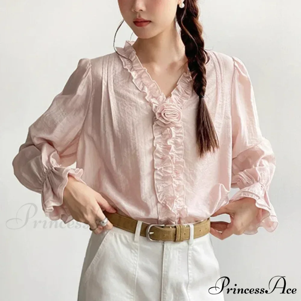 Rose Cotton Rayon Informal Extended Sleeve V-Neck Bohemian Top