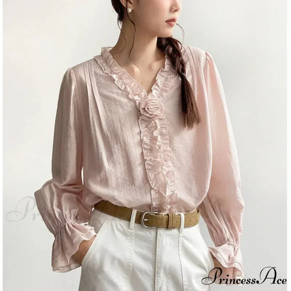 Rose Cotton Rayon Informal Extended Sleeve V-Neck Bohemian Top - Image 2