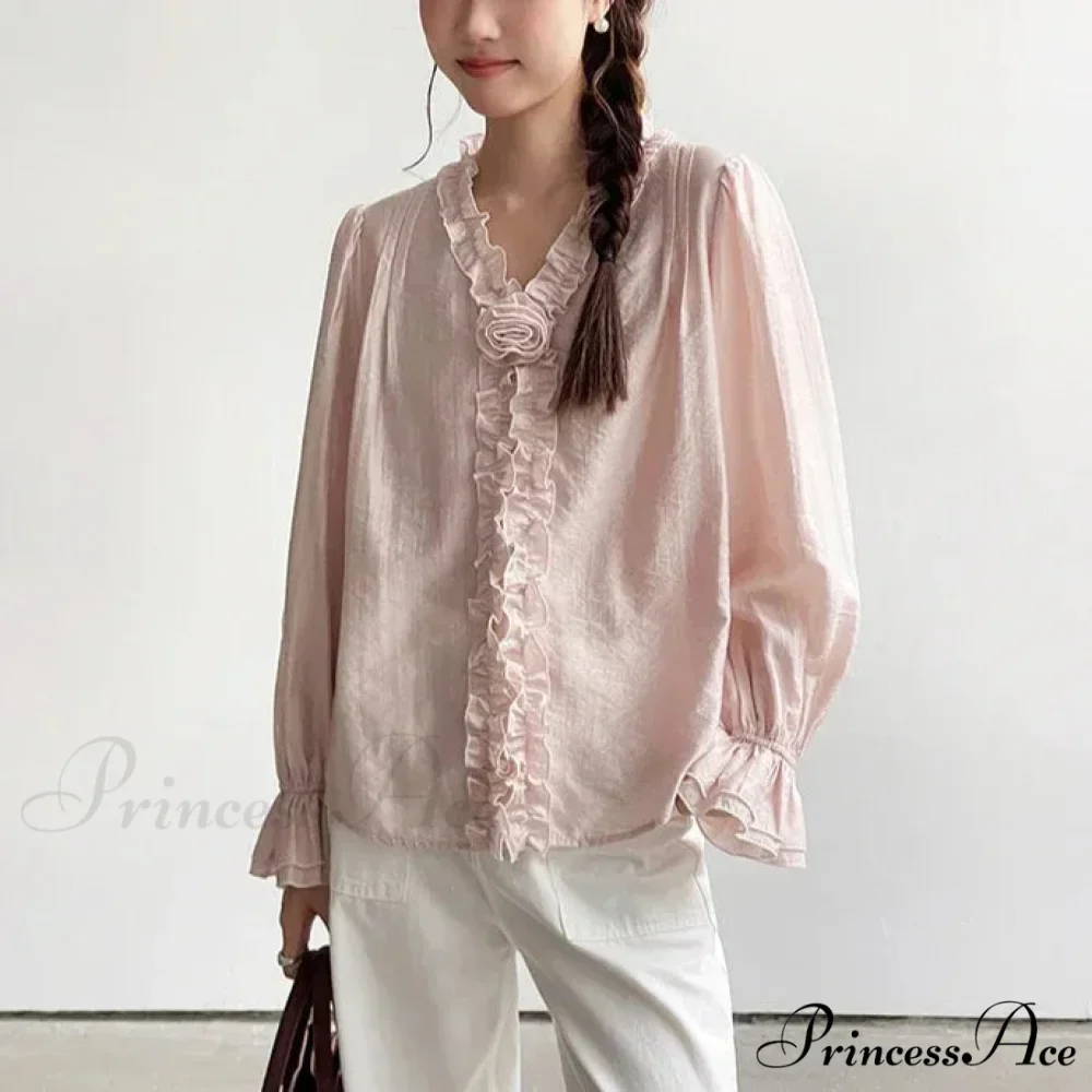 Rose Cotton Rayon Informal Extended Sleeve V-Neck Bohemian Top - Image 3
