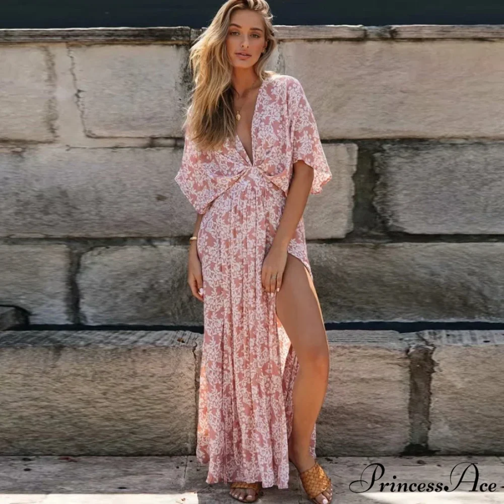 Rose Floral Maxi Dress Seductive Deep V-neck Side Split Boho Dress - Image 2