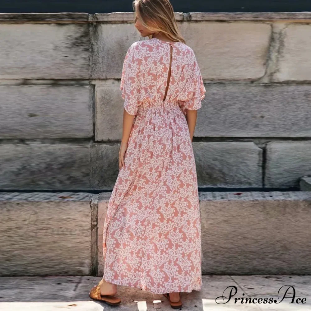 Rose Floral Maxi Dress Seductive Deep V-neck Side Split Boho Dress - Image 3