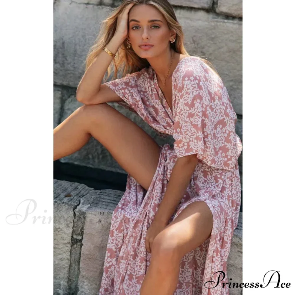 Rose Floral Maxi Dress Seductive Deep V-neck Side Split Boho Dress - Image 4