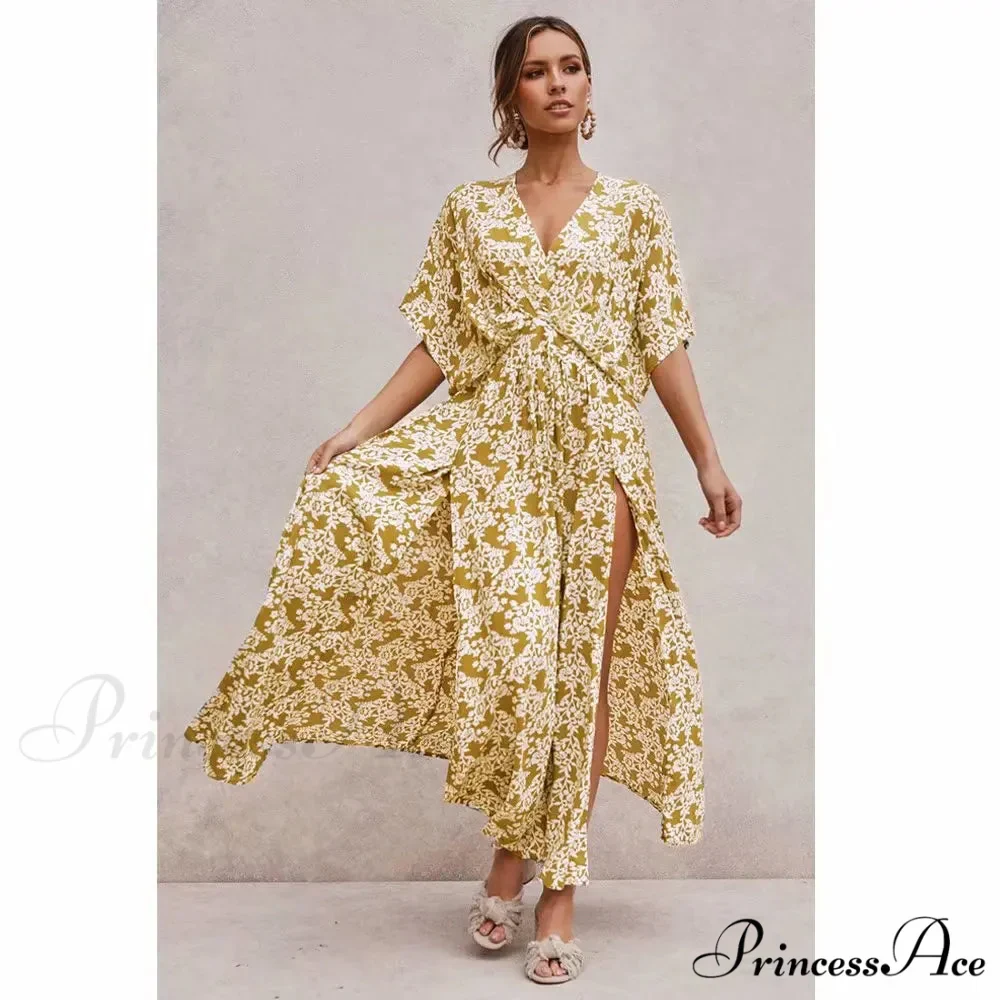 Rose Floral Maxi Dress Seductive Deep V-neck Side Split Boho Dress - Image 5