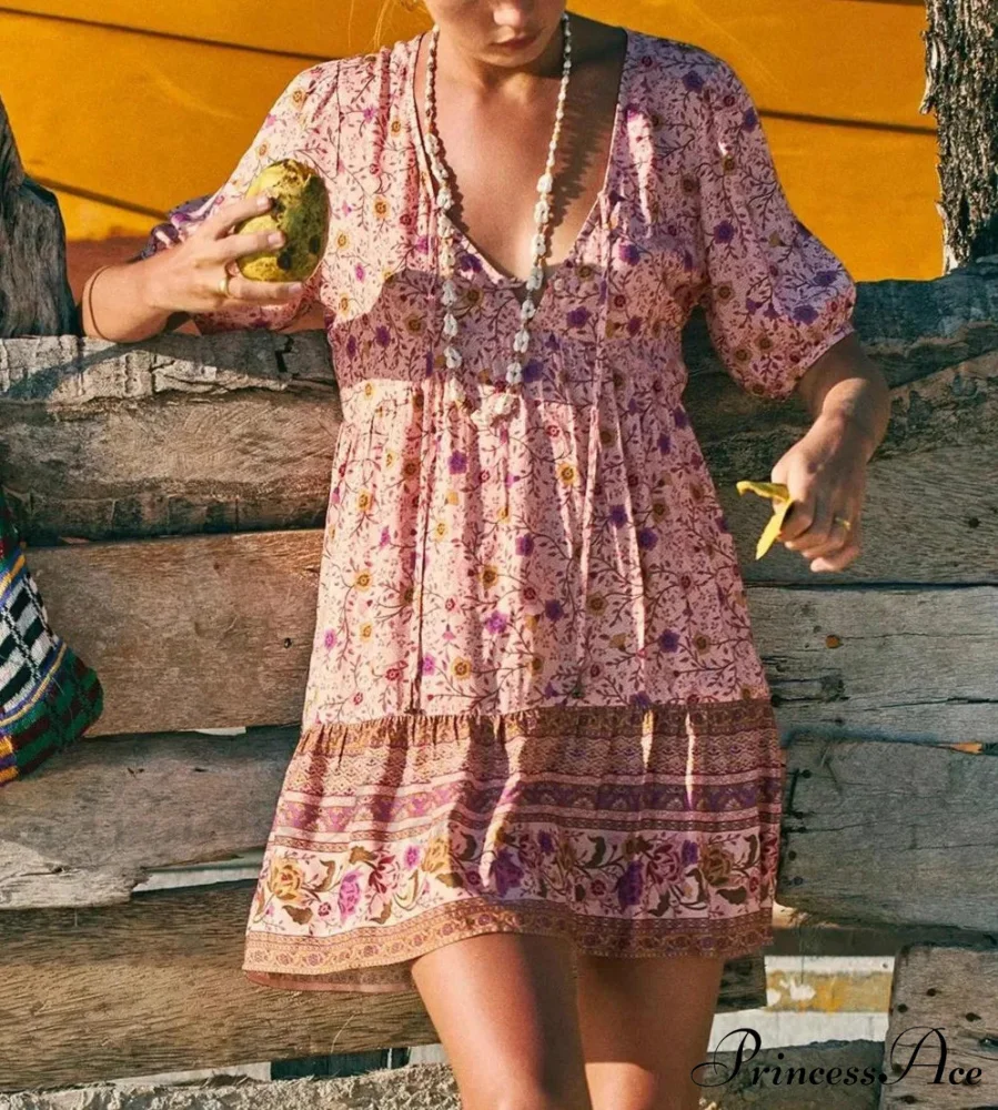 Rose Floral Pattern Robe A-line Mini Dress Women Beach Boho Summer Dress - Image 2