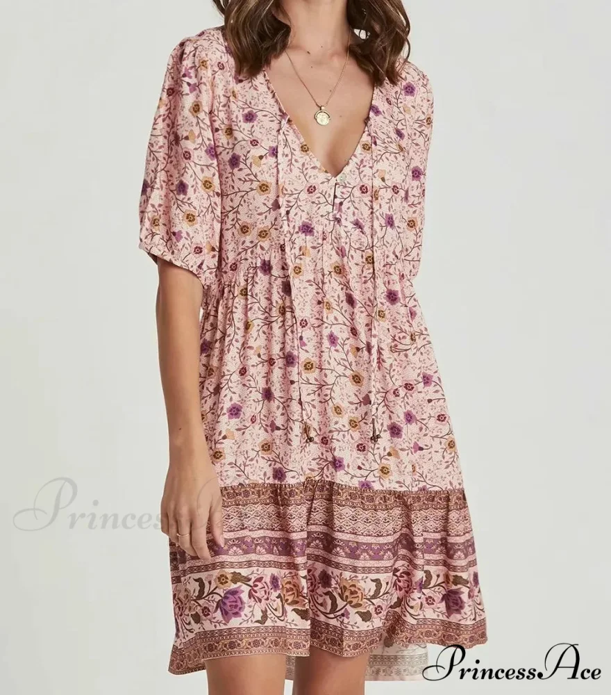 Rose Floral Pattern Robe A-line Mini Dress Women Beach Boho Summer Dress - Image 4