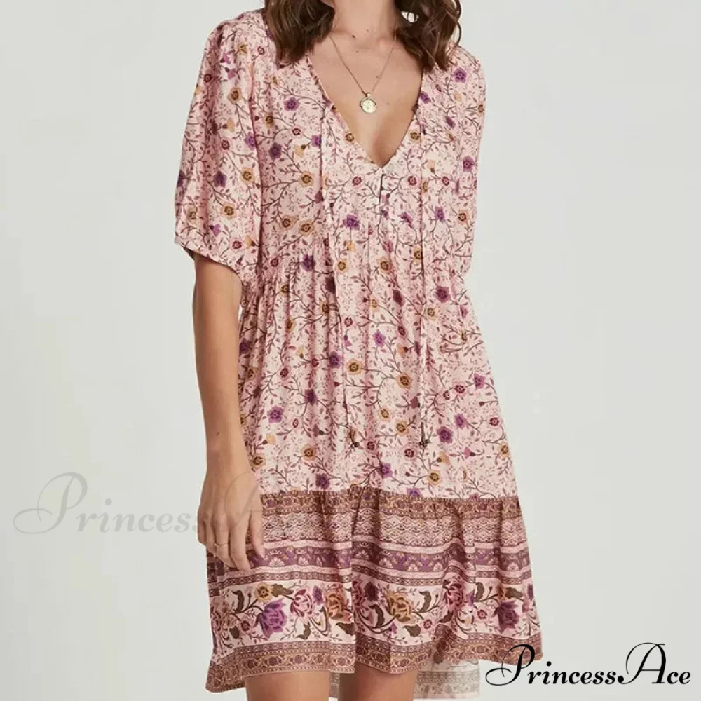 Rose Floral Pattern Robe A-line Mini Dress Women Beach Boho Summer Dress - Image 5