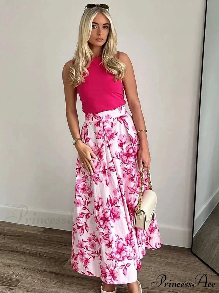 Rose Floral Patterned Informal Flared Skirt Elevated Waist Zip - Image 3