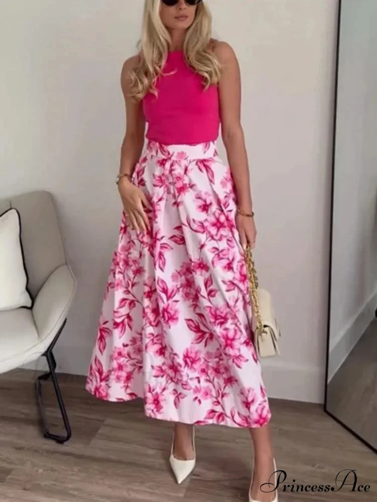 Rose Floral Patterned Informal Flared Skirt Elevated Waist Zip - Image 4