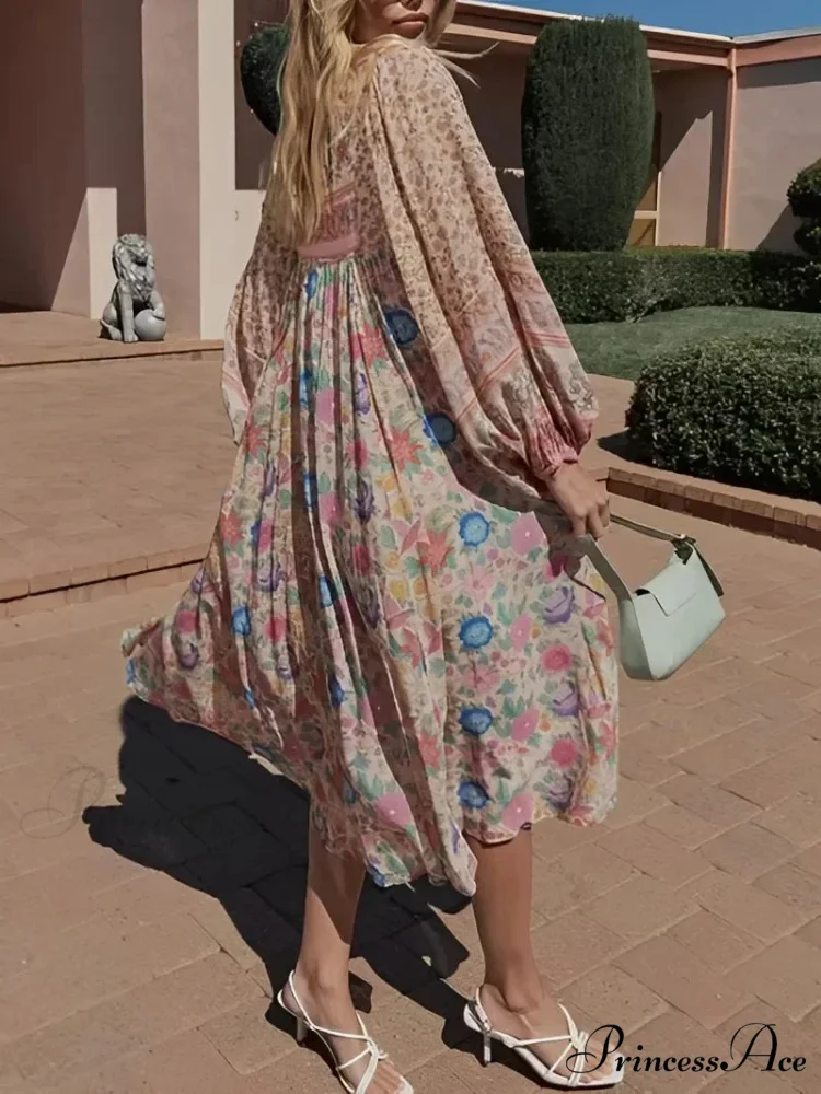 Rose Floral Quadrilateral Neckline Short Sleeve Bohemian Dress - Image 2