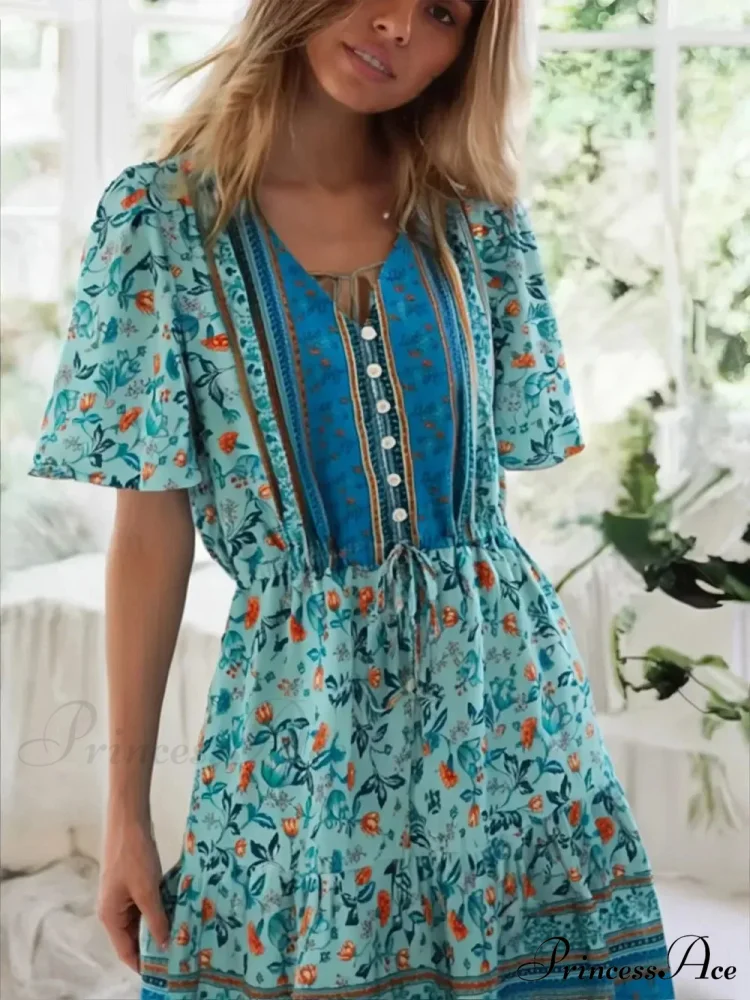 Rose Floral Short Sleeve Baggy Plunging Neckline Mini Boho Dress - Image 3