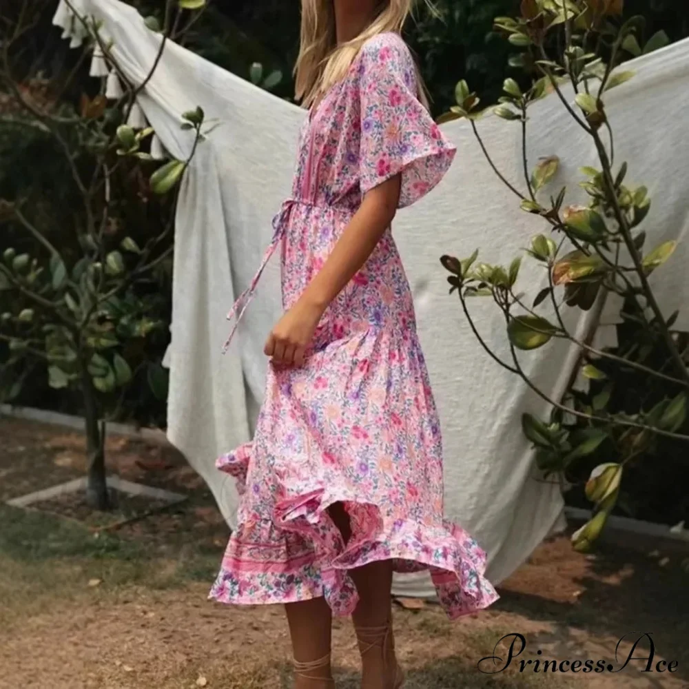Rose Flower Pattern V-neck Fringe Rayon Holiday Maxi Boho Dress - Image 2