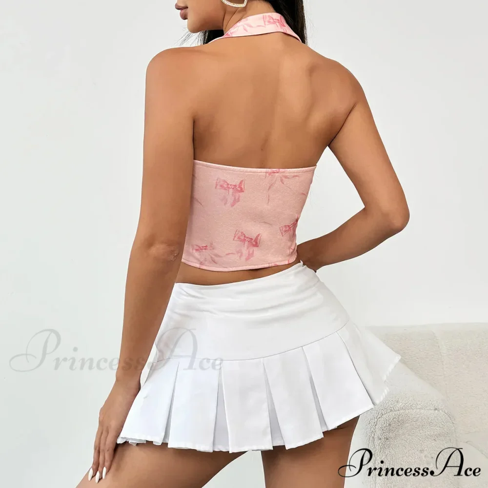 Rose Halter-neck Patterned Bandage Sleeveless Crop Top - Image 2