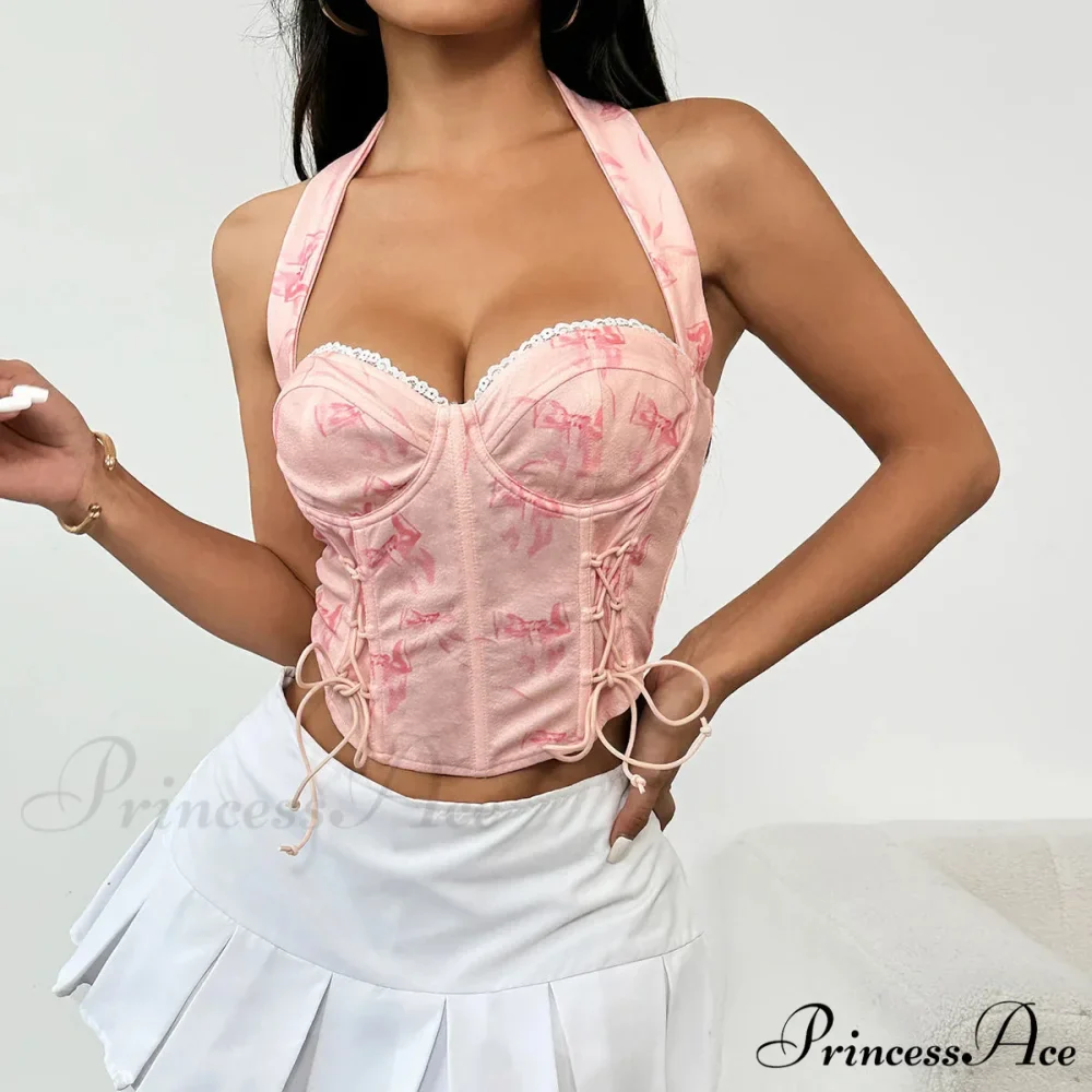 Rose Halter-neck Patterned Bandage Sleeveless Crop Top - Image 4