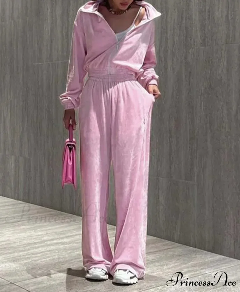 Rose Knitting Zipper Straight Pants Work Two Piece Set