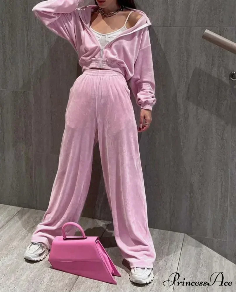 Rose Knitting Zipper Straight Pants Work Two Piece Set - Image 3