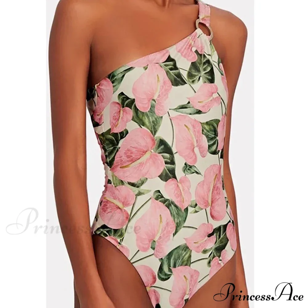 Rose Printed Single Shoulder Fasten One Piece Swimsuit - Image 2