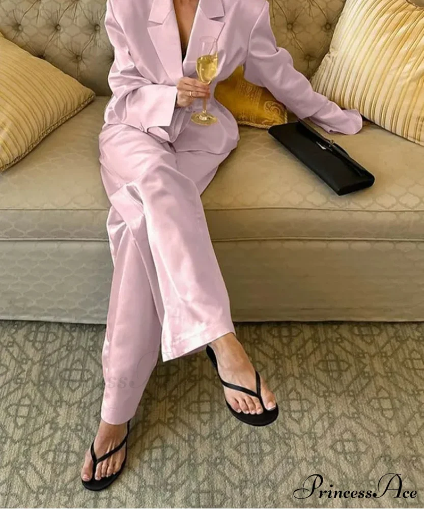 Rose Silk Notched Straight Pants Work Two Piece Set - Image 2