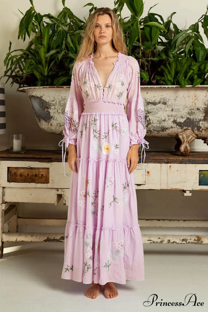 Rose Stitched Botanical Bohemian Extended Sleeve Dress - Image 2