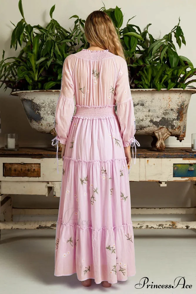 Rose Stitched Botanical Bohemian Extended Sleeve Dress - Image 3