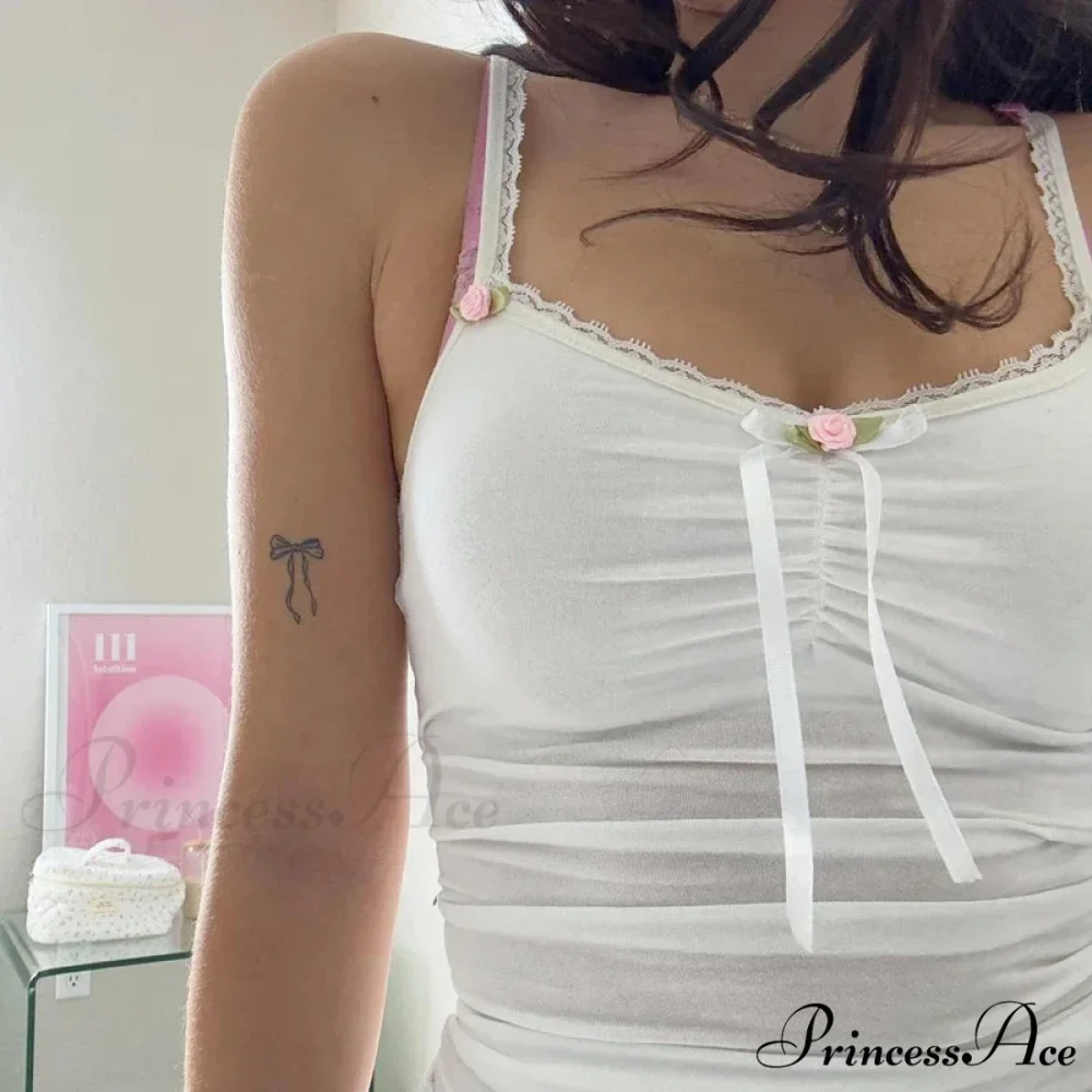 Rosettes Ribbon Lace Camisole Trim Fit Crop Top - Image 2