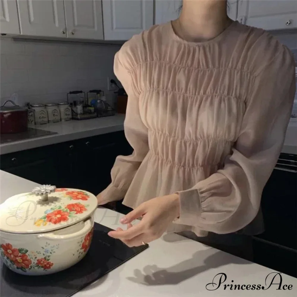 Round Neck Puff Extended Sleeve Pleated Top - Image 2