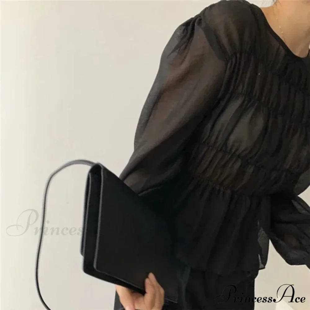Round Neck Puff Extended Sleeve Pleated Top - Image 3