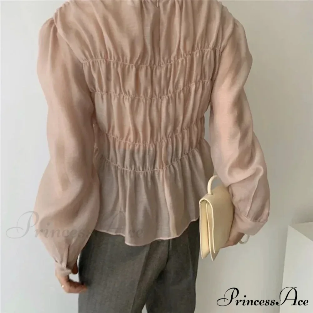 Round Neck Puff Extended Sleeve Pleated Top - Image 4
