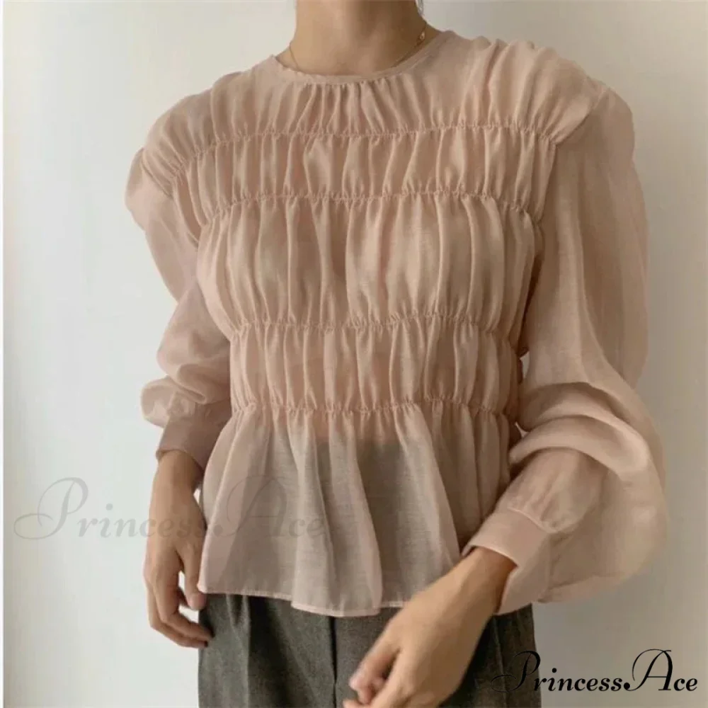 Round Neck Puff Extended Sleeve Pleated Top - Image 6