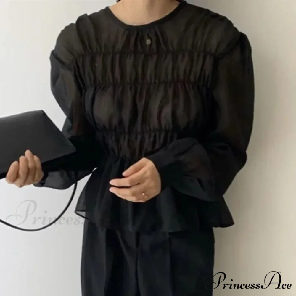 Round Neck Puff Extended Sleeve Pleated Top - Image 7