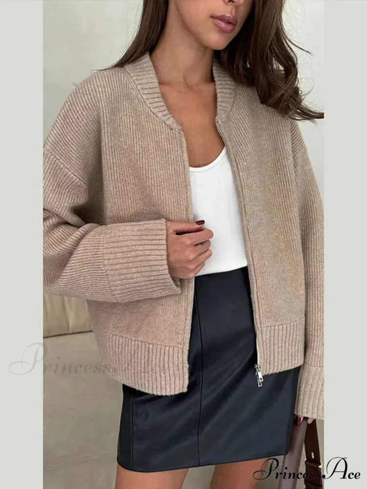Round-neck Zipper Baggy Knit Cardigan - Image 5