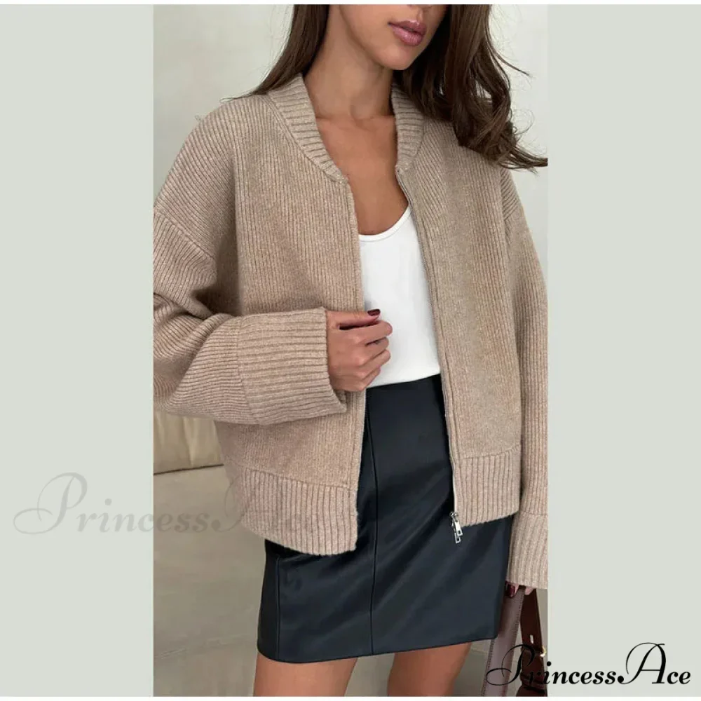 Round-neck Zipper Baggy Knit Cardigan - Image 7