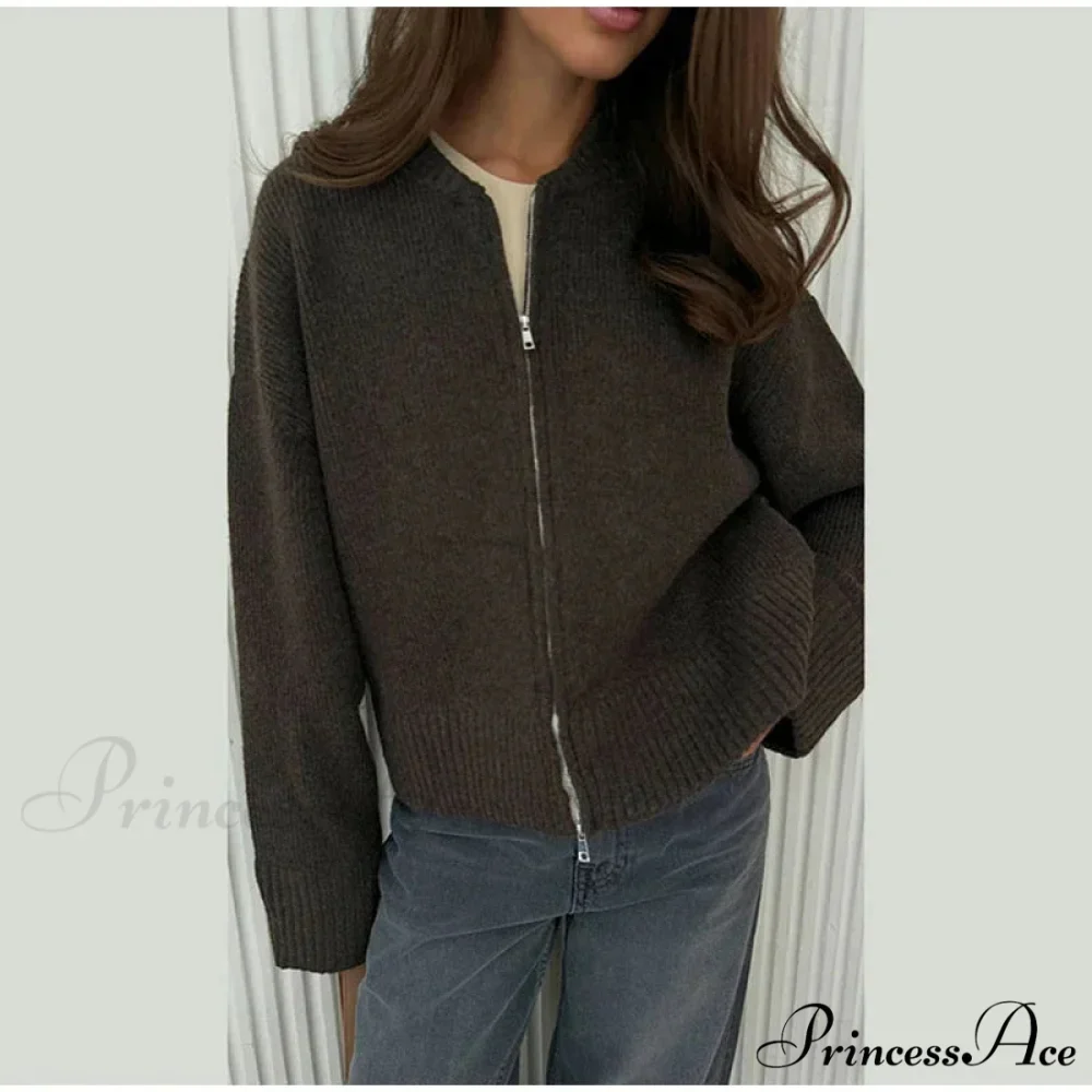Round-neck Zipper Baggy Knit Cardigan - Image 8
