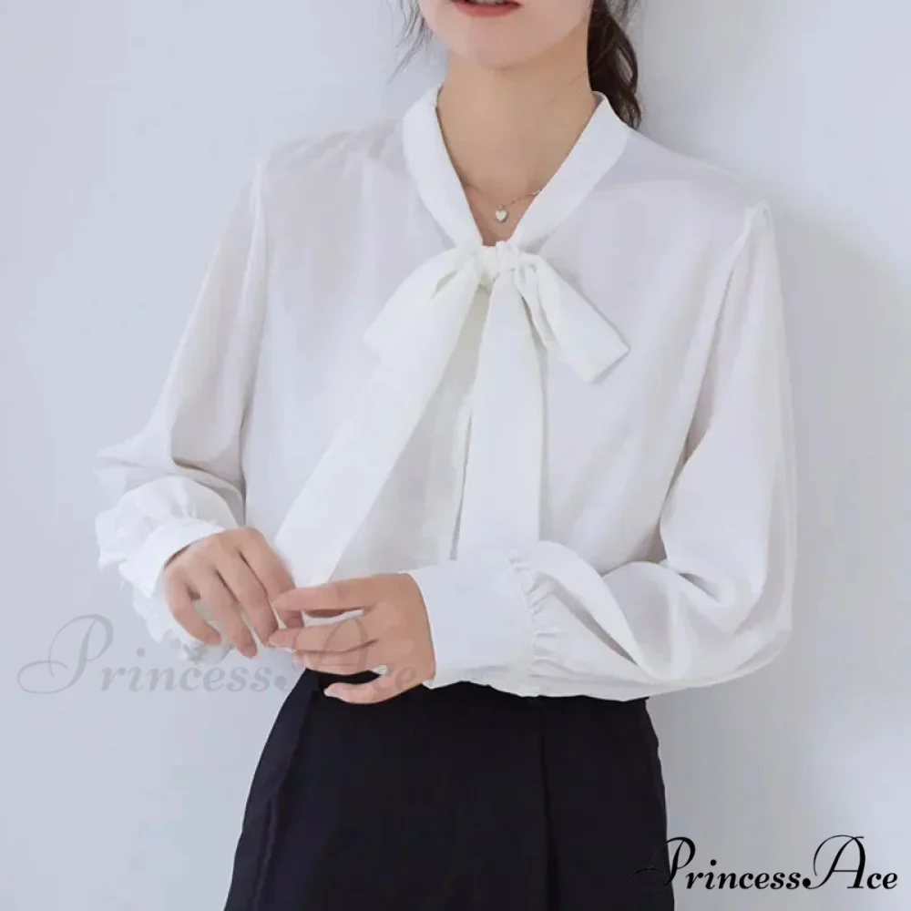 Satin Champagne Ribbon Long Sleeve Professional Woman Blouse - Image 2