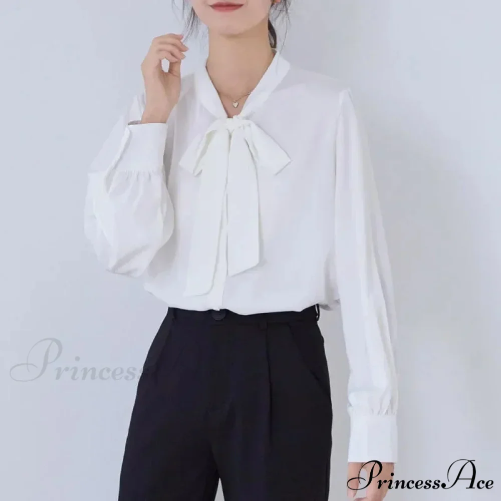 Satin Champagne Ribbon Long Sleeve Professional Woman Blouse - Image 3