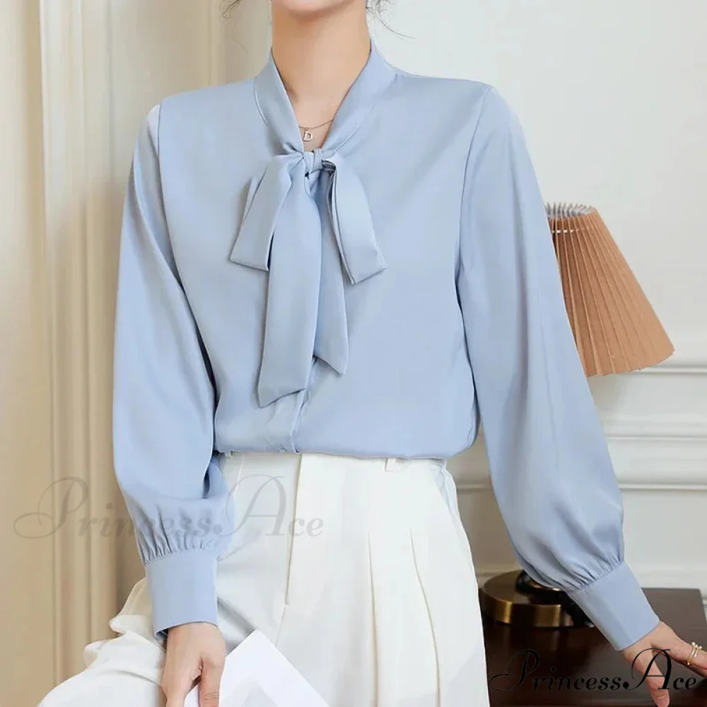 Satin Champagne Ribbon Long Sleeve Professional Woman Blouse - Image 4