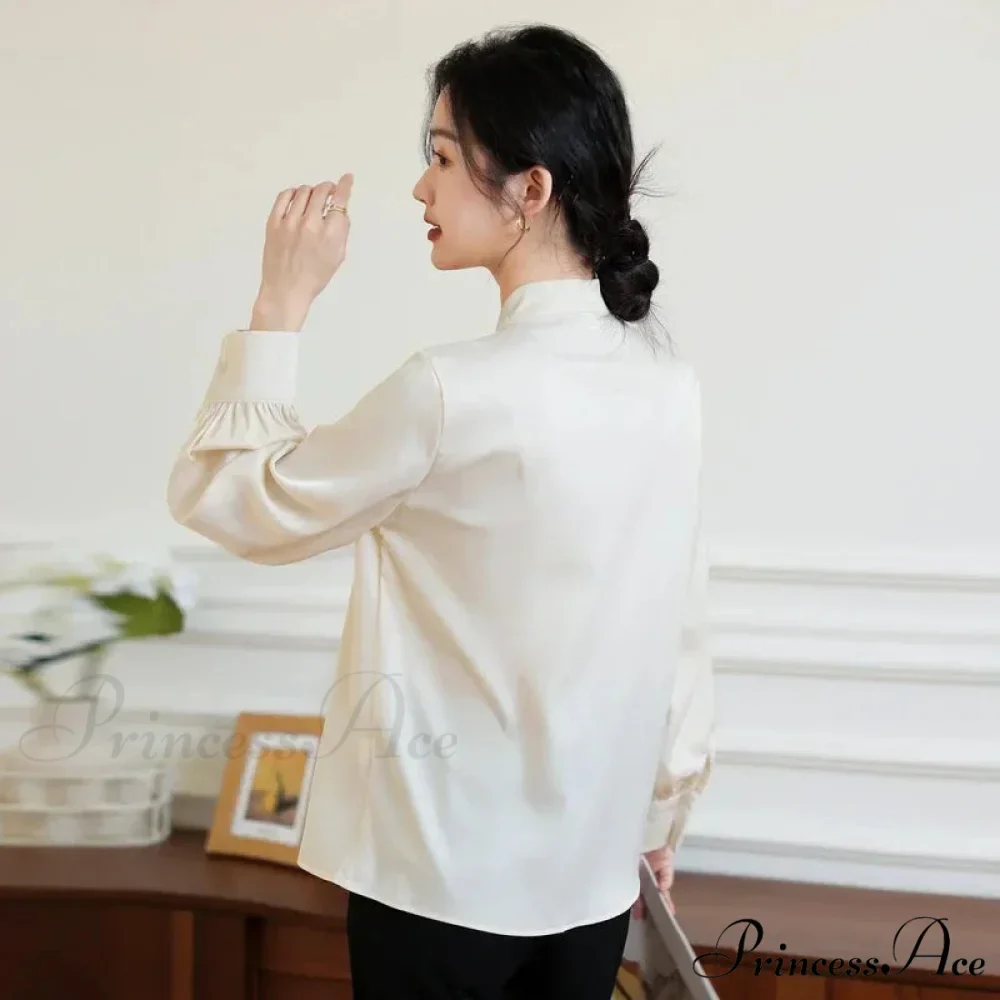 Satin Champagne Ribbon Long Sleeve Professional Woman Blouse - Image 5