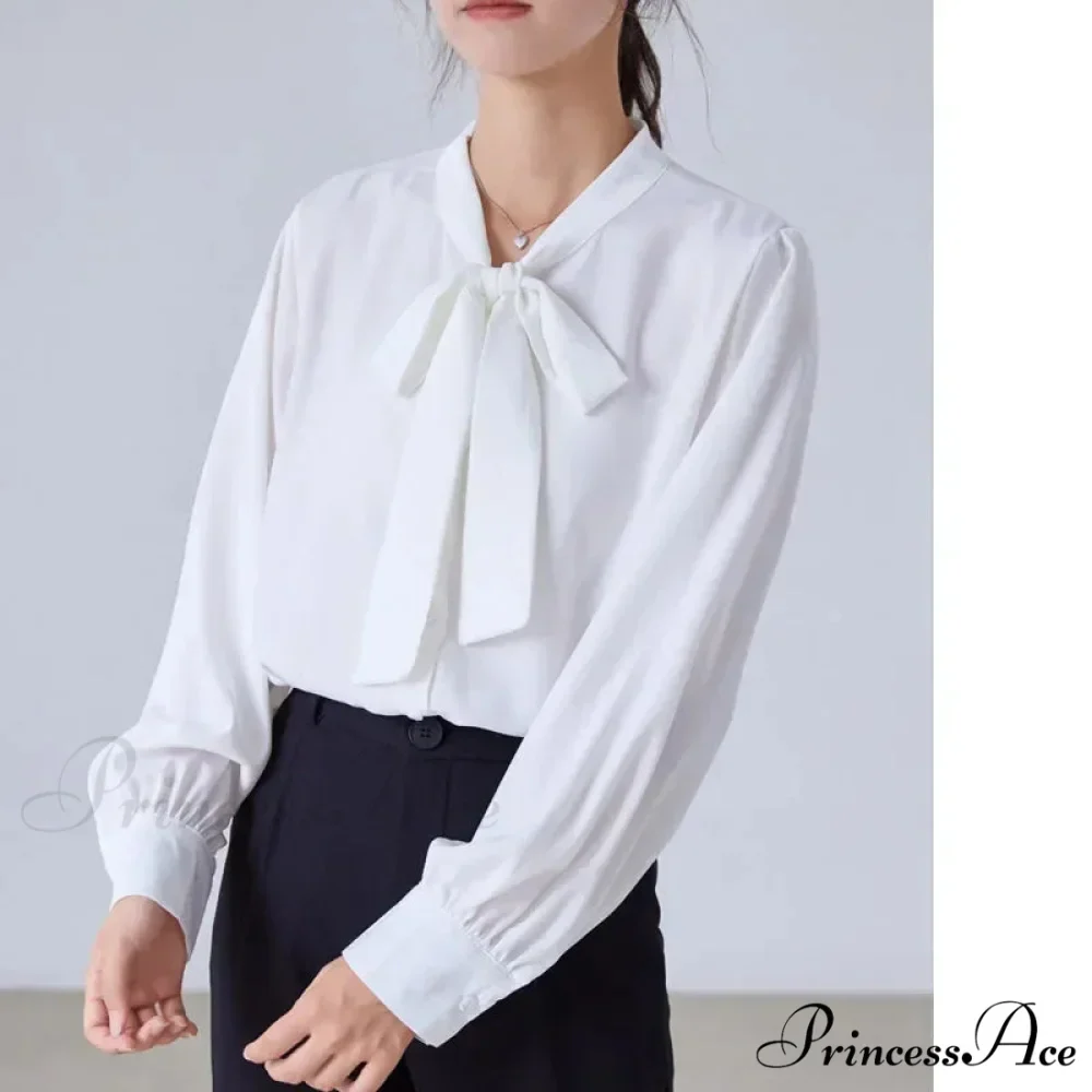 Satin Champagne Ribbon Long Sleeve Professional Woman Blouse - Image 6