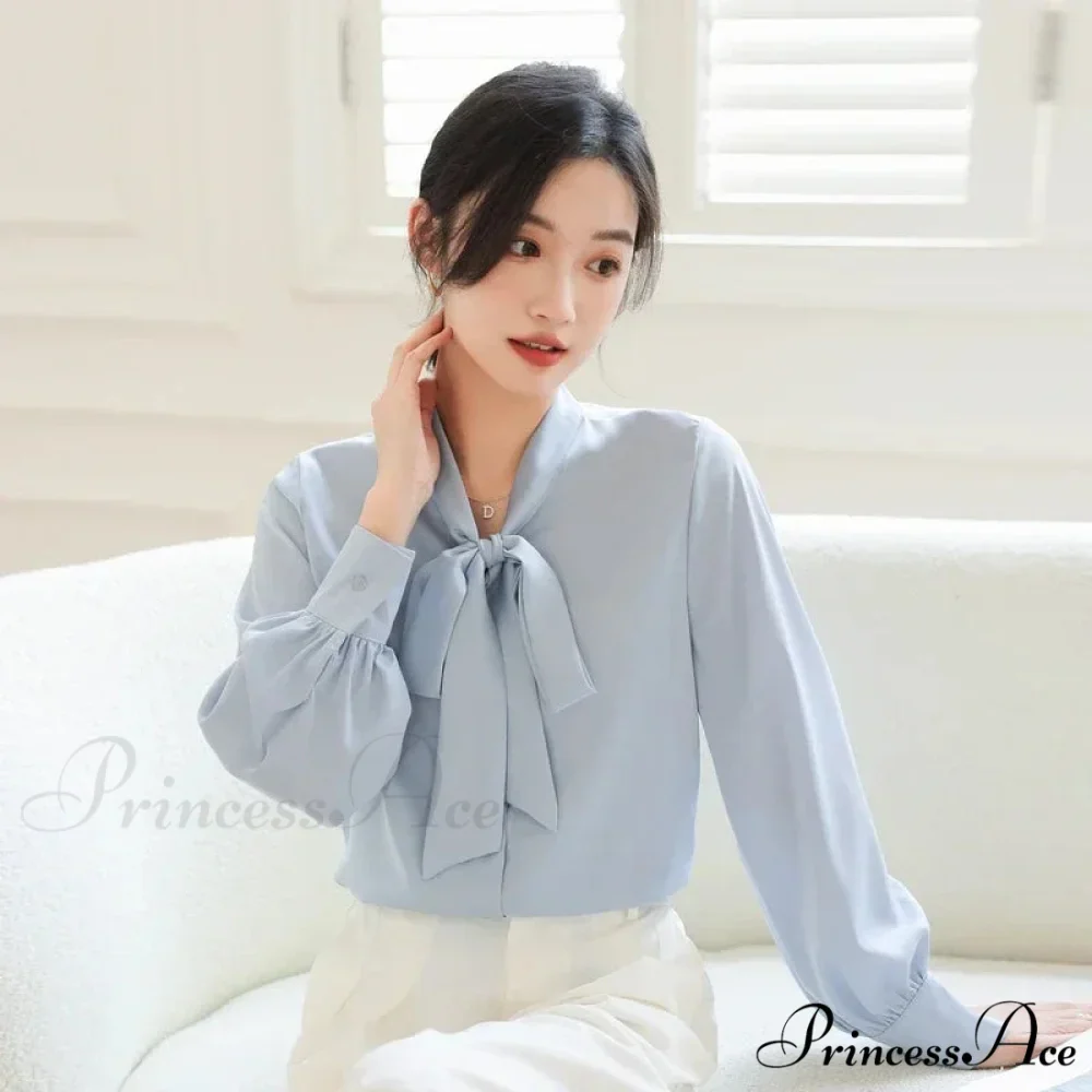 Satin Champagne Ribbon Long Sleeve Professional Woman Blouse - Image 7