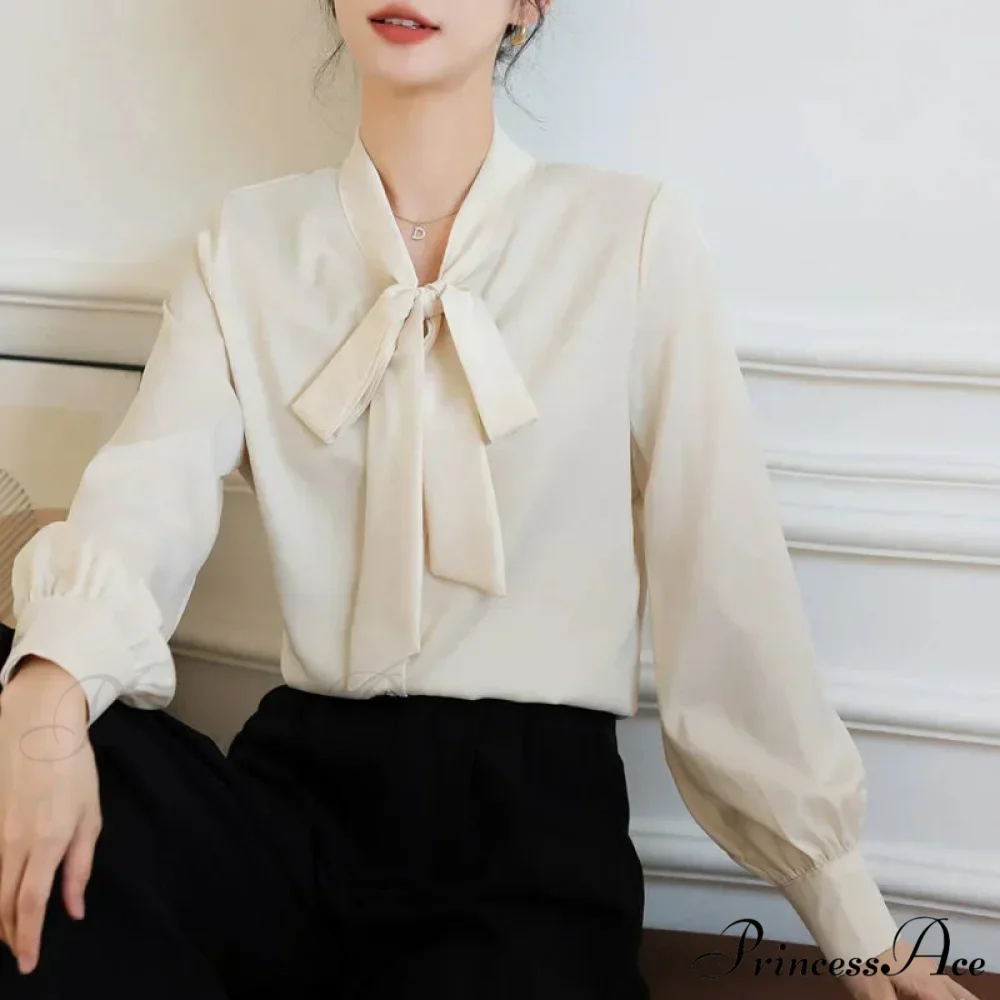 Satin Champagne Ribbon Long Sleeve Professional Woman Blouse - Image 8